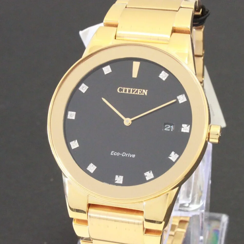 Citizen Axiom Eco Drive Men's Watch Diamond Indices Gold Tone Black Dial 40mm